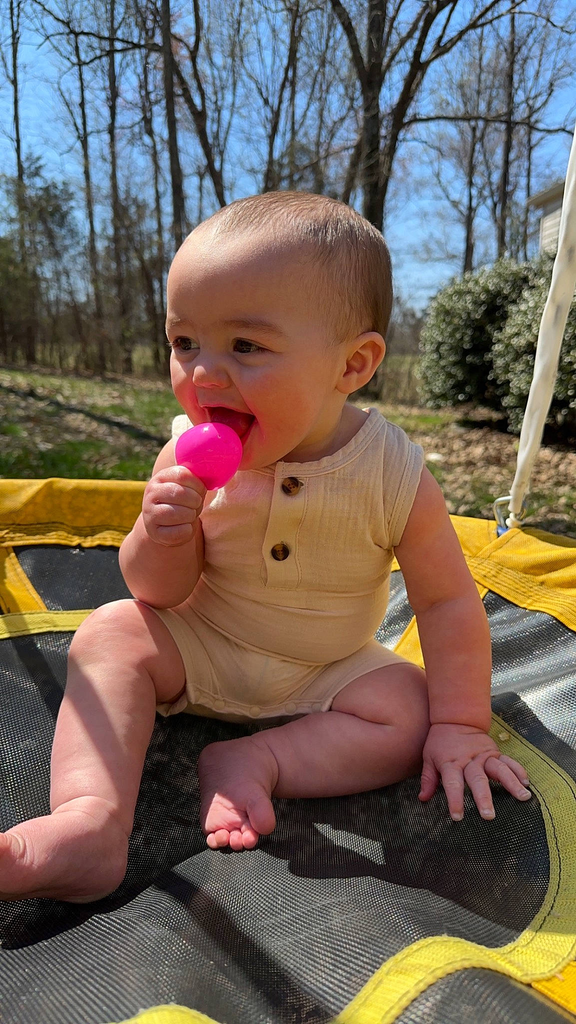 Nash is registered to the contest to win money with this photo: baby, baby_toddler_clothing, cheek, finger, foot, fun, grass, happy, leg, leisure, nose, person, pink, recreation, skin, sky, thigh, thumb, toddler, tree