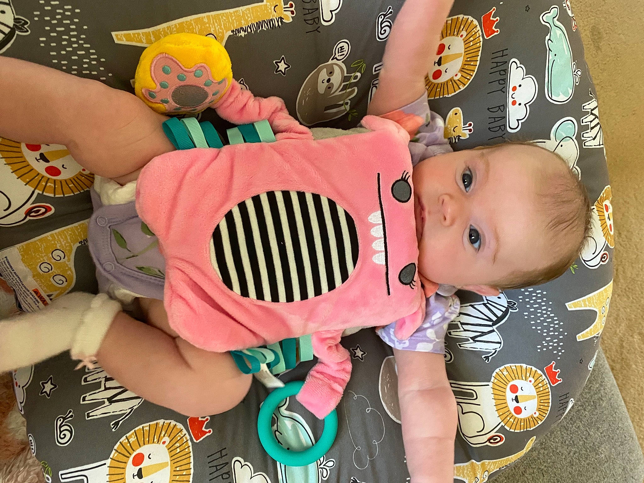Ashlyn joined the competition — help win amazing prizes! baby, baby_products, baby_sleeping, baby_toddler_clothing, chair, cheek, child, finger, font, fun, happy, nail, pattern, person, personal_protective_equipment, pink, room, stuffed_toy, sweetness, toddler