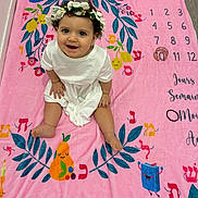 Alba participe au concours pour gagner de l'argent avec cette photo : baby, child, flower_crown, white_dress, pink_blanket, colorful, fruits, leaves, happy, smiling, sitting, cute, indoors, playful, decorative, person, bright, portrait, infant, floor