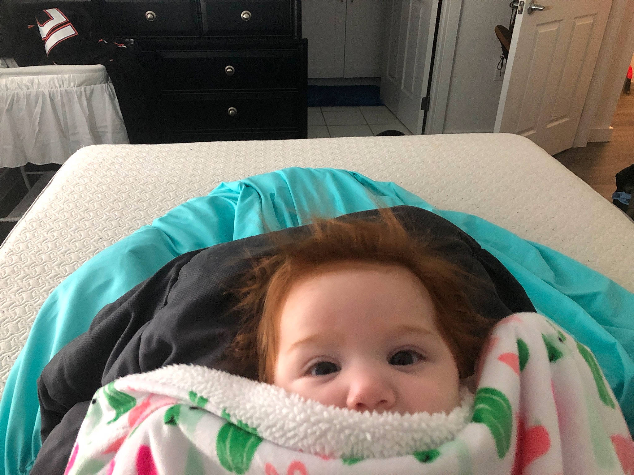 Jenna joined the competition — help win amazing prizes! baby, bed, bed_sheet, bedding, bedtime, blanket, child, comfort, electronic_device, furniture, head, home, house, linens, nap, person, room, skin, technology, textile