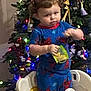 Walker is registered to the contest to win money with this photo: blue, blur, child, christmas_tree, curiosity, face, holiday, indoor, lights, messy_hair, motion_blur, ornament, pajamas, playset, portrait, red, snack, standing, toddler, toy