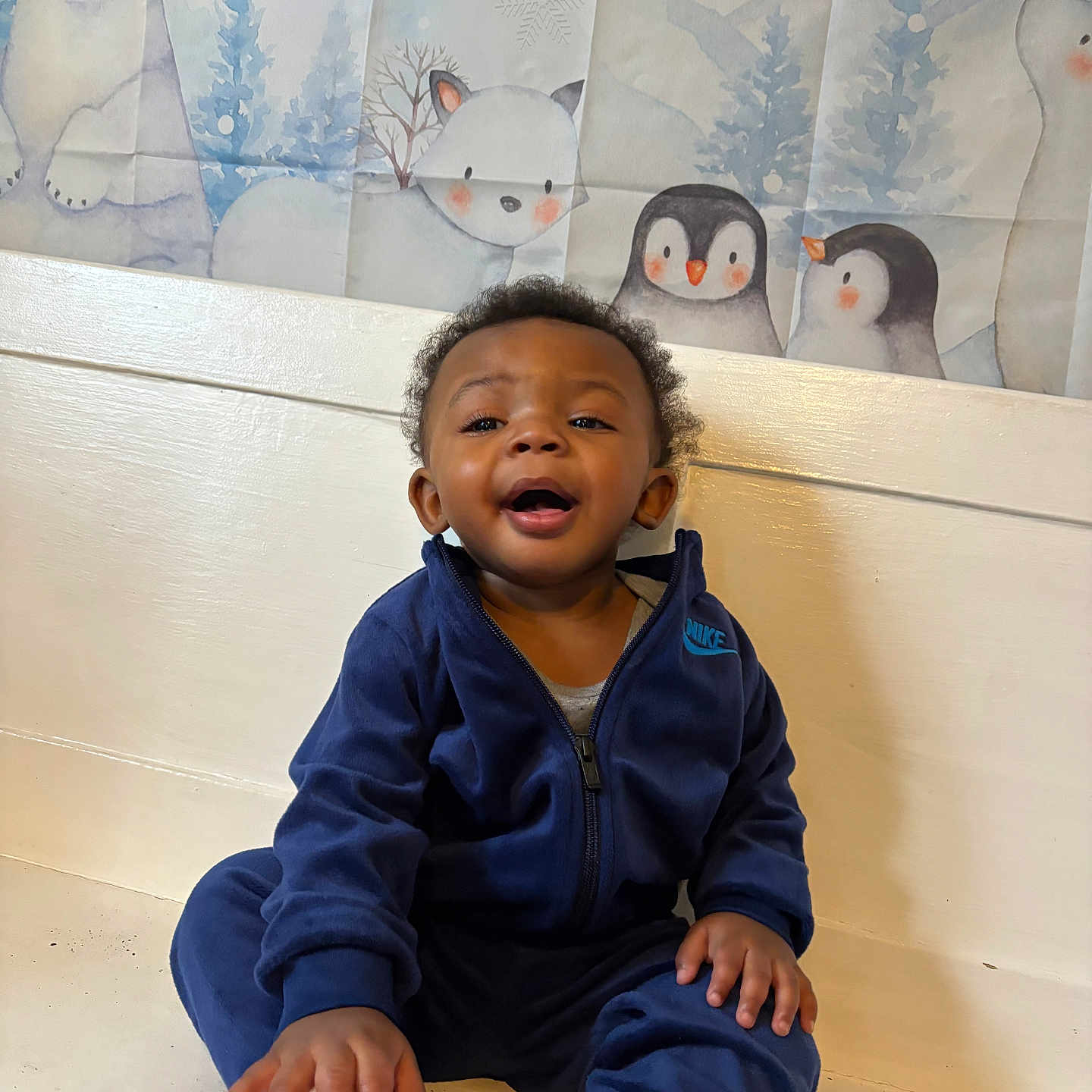 Aroyal joined the competition — help win amazing prizes! toddler, child, smiling, sitting, navy_blue, tracksuit, nike, floor, white, hand, reaching, happy, indoors, background, wall, illustration, polar_bear, penguin, winter, cute