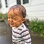Gabriel joined the competition — help win amazing prizes! toddler, child, wet_hair, striped_shirt, smiling, outdoor, rainy_day, dirt, playful, happy, person, portrait, casual_clothing, messy, young_child, expression, standing, nature, daylight, fun