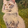 Havane a rejoint le concours — aidez-le/la à gagner de superbes lots ! painting, cat, fluffy, yellow_eyes, artwork, canvas, brush_strokes, texture, portrait, animal, feline, white_fur, grey_markings, green_background, classic, hand_painted, artistic, closeup, expression, pet