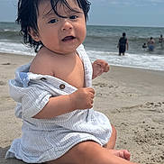 Toby joined the competition — help win amazing prizes! baby, child, beach, sand, ocean, water, sky, clouds, wind, hair, shirt, sitting, people, summer, vacation, outdoor, play, relax, portrait, nature