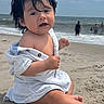 baby, child, beach, sand, ocean, water, sky, clouds, wind, hair, shirt, sitting, people, summer, vacation, outdoor, play, relax, portrait, nature