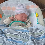 Jordan joined the competition — help win amazing prizes! newborn, baby, infant, blanket, hat, striped, baby_seat, cushion, polka_dot, sleepwear, cozy, indoors, child, face, clothing, resting, cute, soft, striped_blanket, young