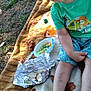 child, toddler, blanket, picnic, outdoor, grass, bread, fruit, bowl, foil, drink, sandals, clothing, green_shirt, shorts, footwear, person, nature, sunlight, relaxing