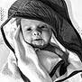 baby, black_and_white, blanket, child, closeup, comfort, cute, expression, face, gaze, hood, indoor, infant, monochrome, newborn, portrait, skin, soft, towel, wrapped