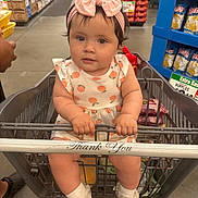 Sonia joined the competition — help win amazing prizes! baby, child, shopping_cart, grocery_store, headband, pink_bow, dress, peach_pattern, white_shoes, socks, person, aisle, products, supermarket, shopping, floor, hand, grip, cute, portrait