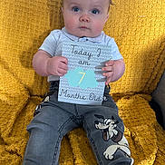 Arthur is registered to the contest to win money with this photo: baby, blue_eyes, card, cartoon_pants, child, clothing, cute, expression, face, footwear_absent, grey_shirt, hands, indoor, legs, milestone, milestone_card, person, seated, texture, yellow_blanket