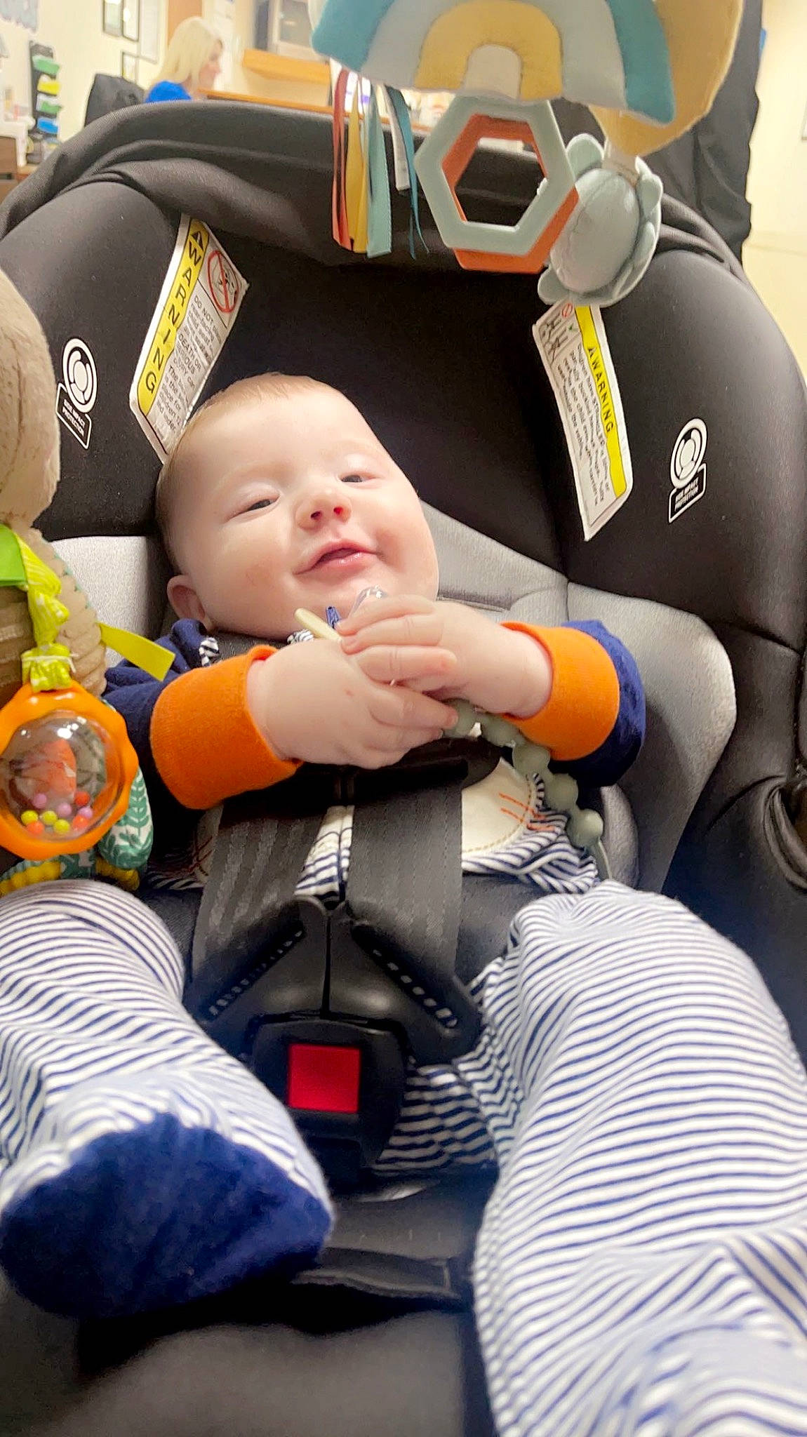 Ashton joined the competition — help win amazing prizes! baby, baby_products, baby_toddler_clothing, car_seat, child, comfort, fun, happy, leisure, luxury_vehicle, motor_vehicle, person, personal_protective_equipment, sitting, smile, steering_wheel, stuffed_toy, t_shirt, toddler, vacation