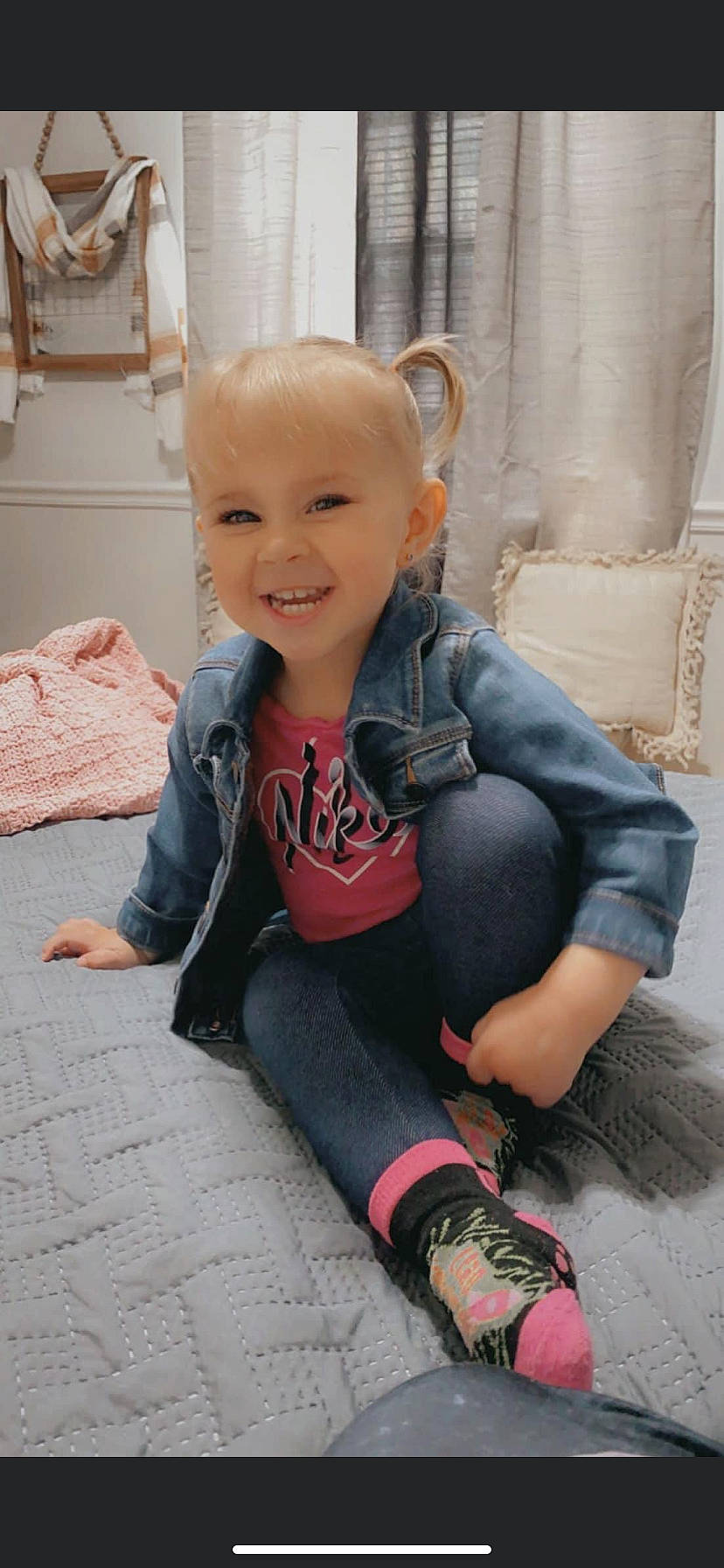 Avery joined the competition — help win amazing prizes! baby_toddler_clothing, beauty, floor, flooring, happy, human_body, jeans, joint, joy, knee, leg, lip, outerwear, people, person, pink, skin, sleeve, smile, textile