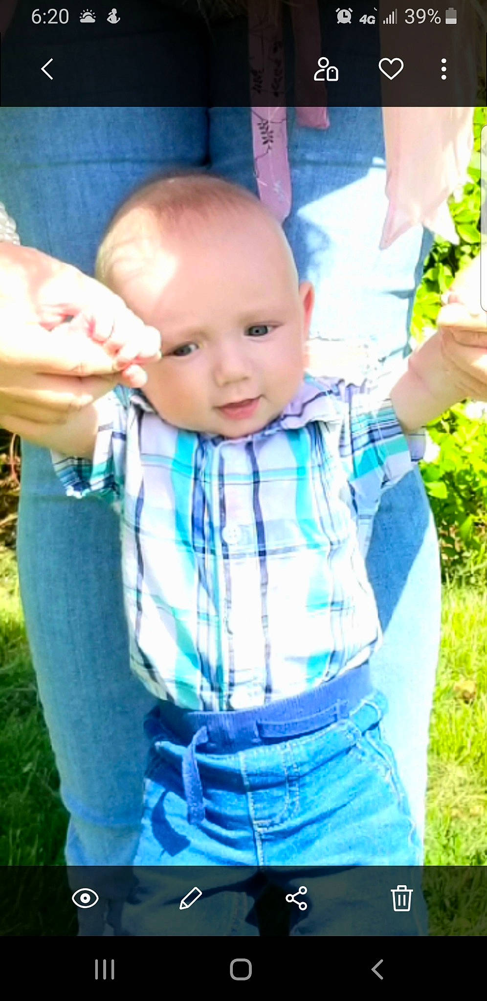 Memphis is registered to the contest to win money with this photo: baby, baby_products, baby_toddler_clothing, child, denim, design, grass, outerwear, pattern, person, plaid, product, sleeve, toddler
