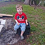 Grayson joined the competition — help win amazing prizes! child, boy, toddler, sitting, red_shirt, mickey_shirt, jeans, plastic_crate, grass, yard, tree, shoes, face, confused_expression, outdoor, portrait, dirt, rocks, wood_planks, backyard