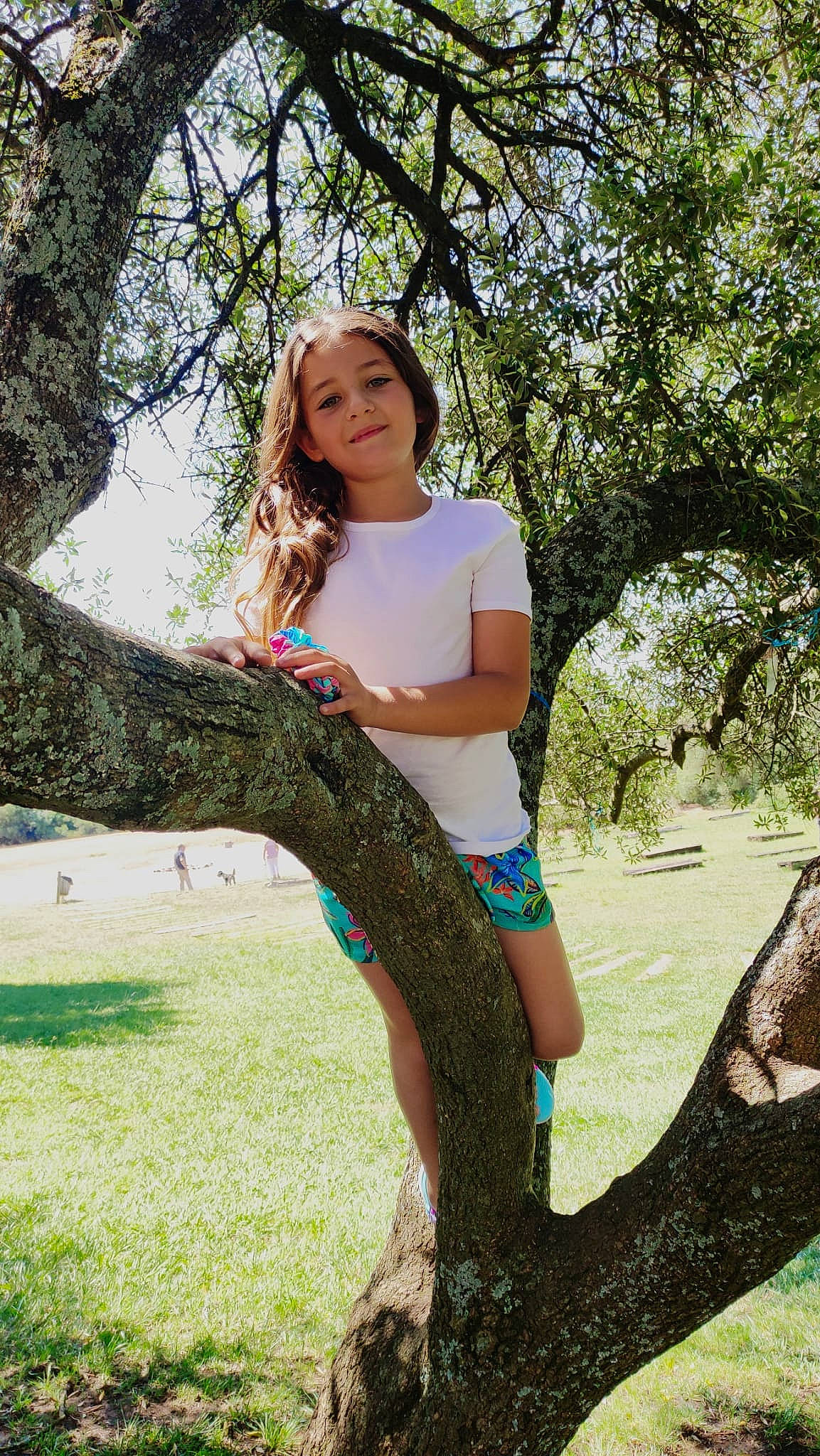Maria Teresa participe au concours pour gagner de l'argent avec cette photo : abdomen, botany, branch, denim, electric_blue, grass, happy, human_leg, joy, knee, leisure, long_hair, people_in_nature, person, plant, t_shirt, thigh, tree, trunk, waist
