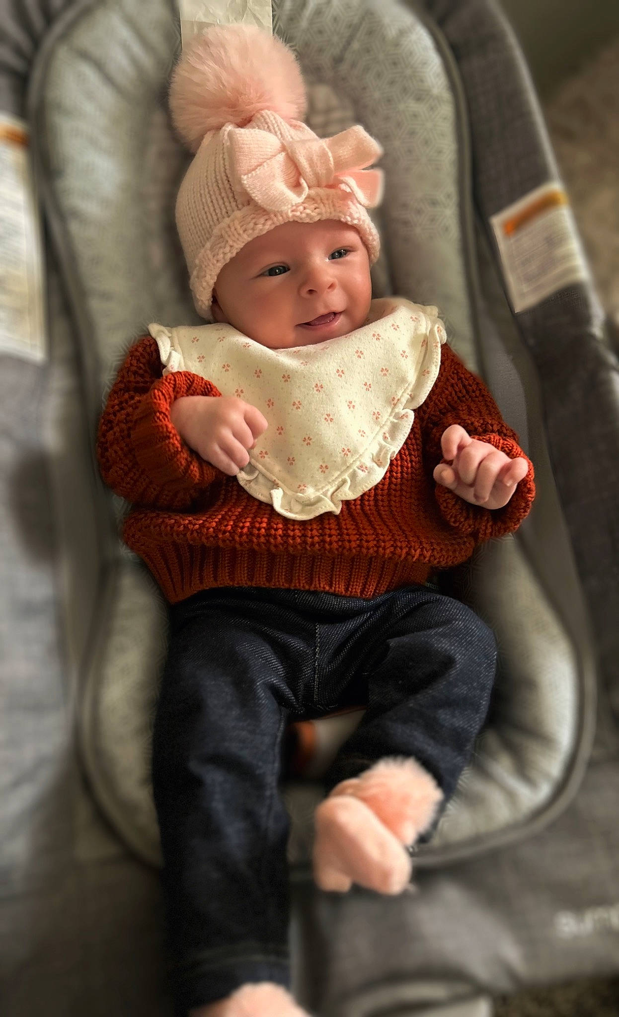 Hazelynn joined the competition — help win amazing prizes! baby, baby_products, baby_toddler_clothing, beanie, cap, cheek, child, comfort, happy, hat, head, headgear, headwear, knit_cap, lap, person, sitting, skin, sleeve, smile