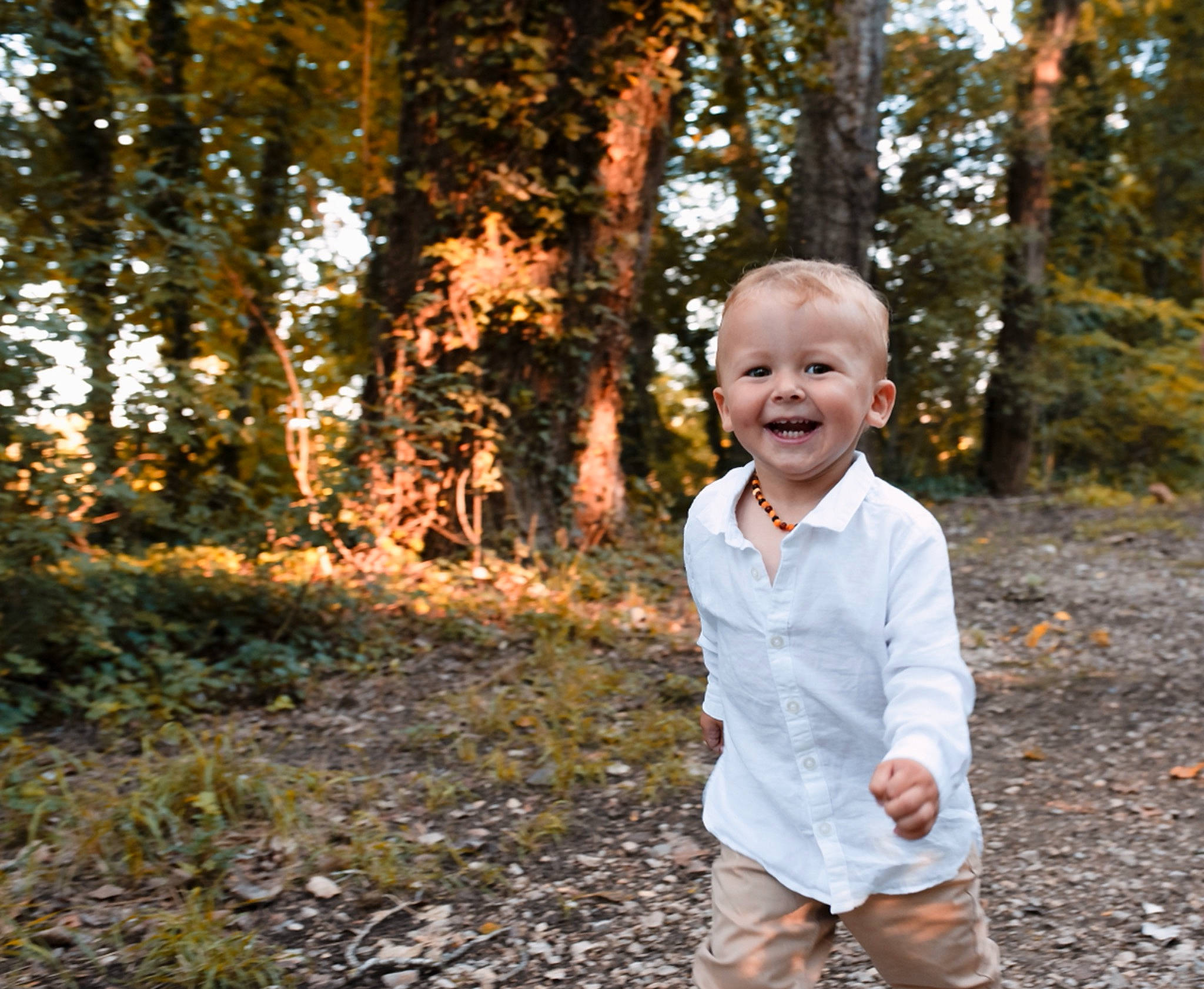 Aubin a rejoint le concours — aidez-le/la à gagner de superbes lots ! branch, child, deciduous, flash_photography, forest, gesture, grass, happy, joy, leisure, natural_landscape, people_in_nature, person, plant, smile, standing, sunlight, t_shirt, toddler, tree