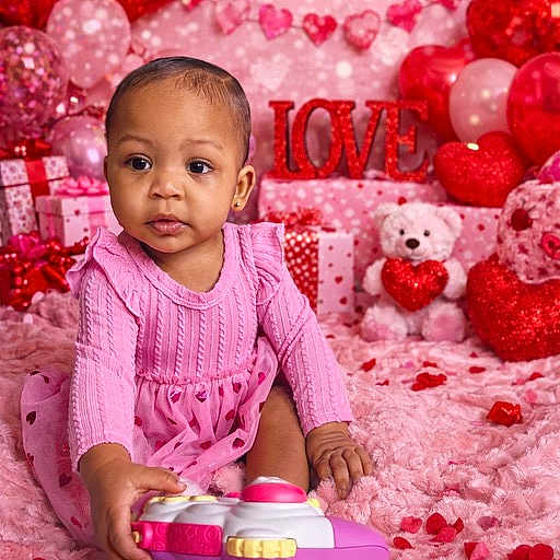 Xiylaa joined the competition — help win amazing prizes! baby, pink, toy, teddy_bear, heart, valentines_day, gift_box, decorations, child, cute, plush_rug, indoor, portrait, holiday, celebration, playing, smiling, happy, girl, festive