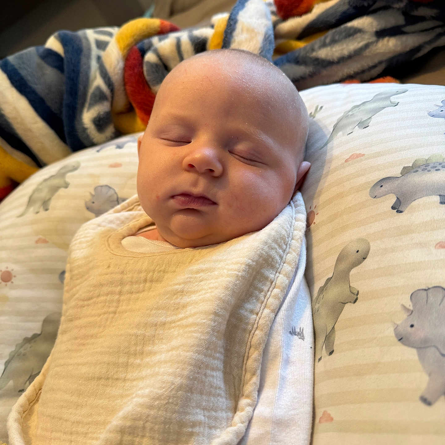 Michael joined the competition — help win amazing prizes! baby, bib, blanket, child, closeup, clothing, comfort, cute, dinosaur_pattern, face, head, indoors, infant, nap, newborn, peaceful, pillow, resting, sleeping, soft_texture