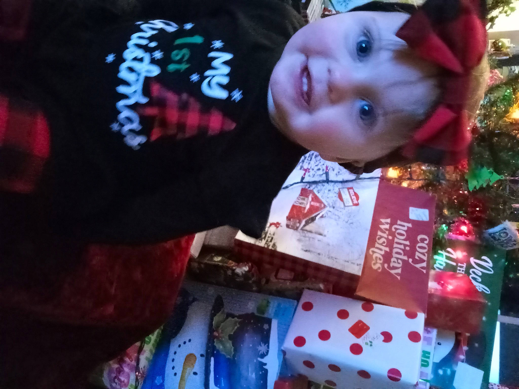 Hazel Grace joined the competition — help win amazing prizes! baby, child, christmas, christmas_decoration, christmas_eve, christmas_ornament, christmas_tree, event, fun, happy, hat, holiday, holiday_ornament, person, plant, red, sleeve, smile, toddler, tradition