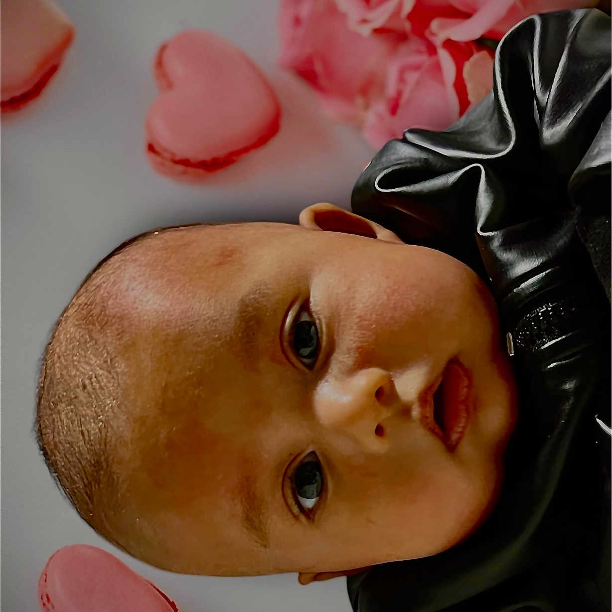 Andrey is registered to the contest to win money with this photo: baby, bodypart, clothing, face, finger, flower, flowerarrangement, flowerbouquet, food, glove, hand, hat, head, person, petal, photography, plant, portrait, rose, sweets