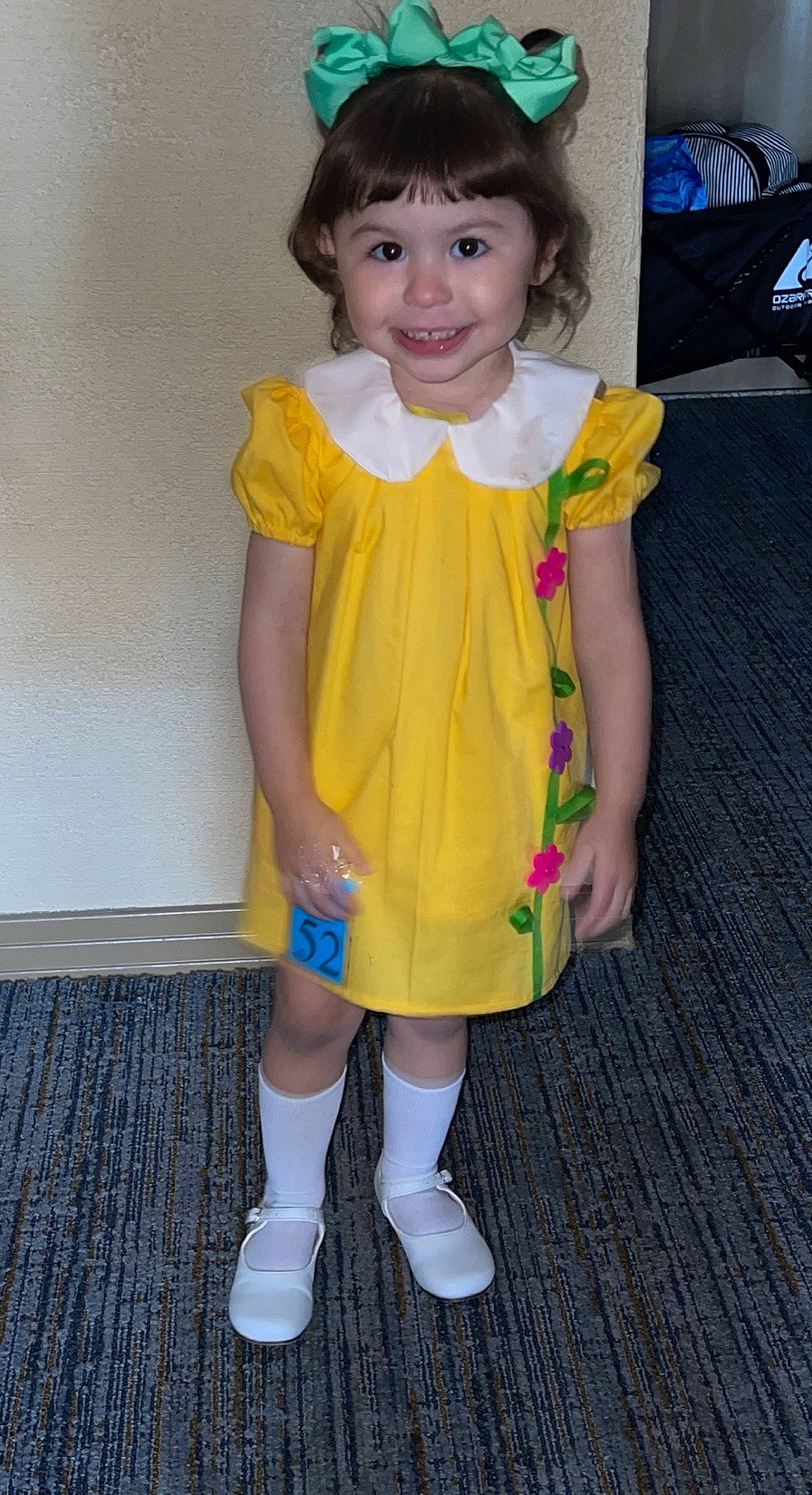 Paetyn joined the competition — help win amazing prizes! baby_toddler_clothing, blond, child, clothing, dress, fashion_design, fun, hairstyle, happy, human_leg, joy, knee, leg, pattern, person, skin, sleeve, smile, sock, standing