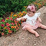 Starla is registered to the contest to win money with this photo: baby, child, colorful, curious, cute, daylight, exploring, flower_bed, flowers, garden, greenery, headband, infant, nature, outdoor, path, pink_dress, sitting, summer, toddler