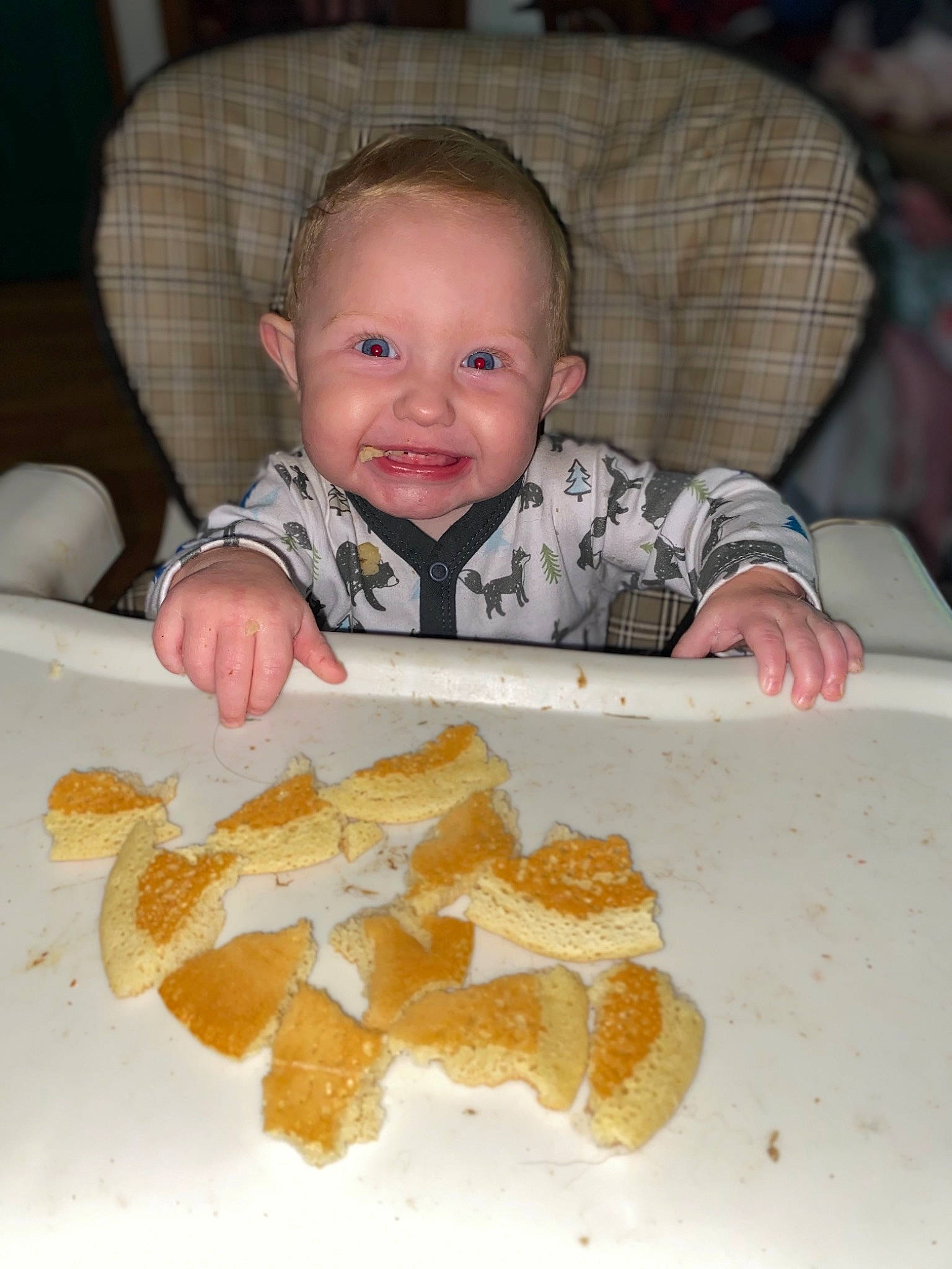 Daisy is registered to the contest to win money with this photo: baby, baby_toddler_clothing, baked_goods, chair, child, comfort_food, cuisine, dish, finger_food, food, food_craving, happy, ingredient, joy, junk_food, person, plate, smile, sweetness, tableware