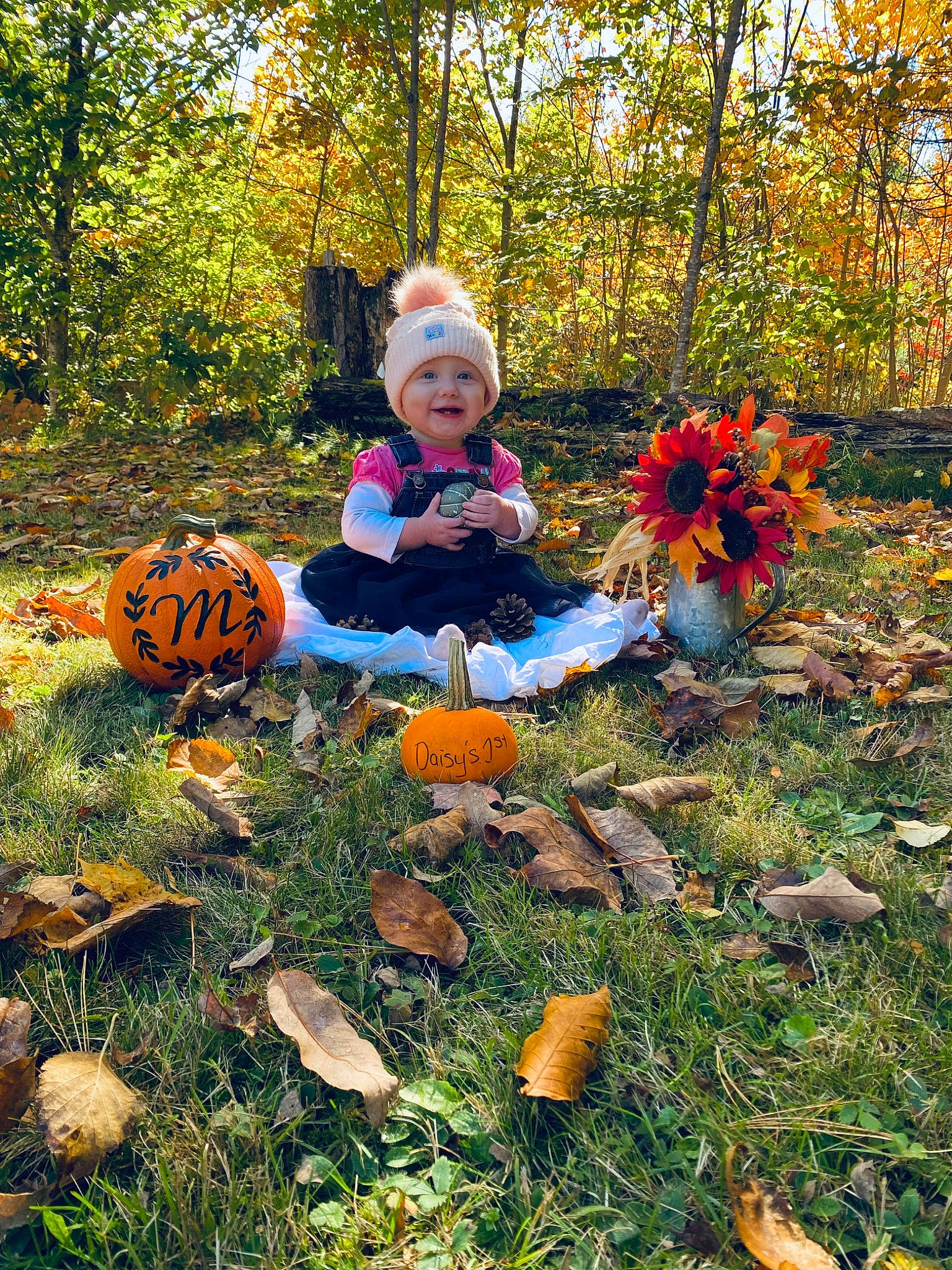 Daisy joined the competition — help win amazing prizes! autumn, baby_toddler_clothing, calabaza, child, cucurbita, deciduous, gourd, grass, headwear, natural_landscape, people_in_nature, person, plant, pumpkin, sitting, smile, squash, toddler, tree, vegetable