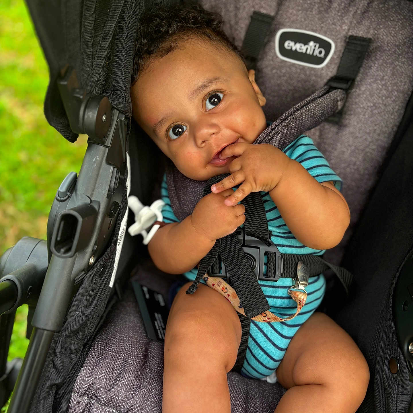 Haelo is registered to the contest to win money with this photo: baby, baby_boy, blue_clothing, child, curly_hair, cushion, cute, fingers_in_mouth, greenery, infant, onesie, outdoor, playful, portrait, safety_strap, seat, seatbelt, smiling, stroller, wide_eyes