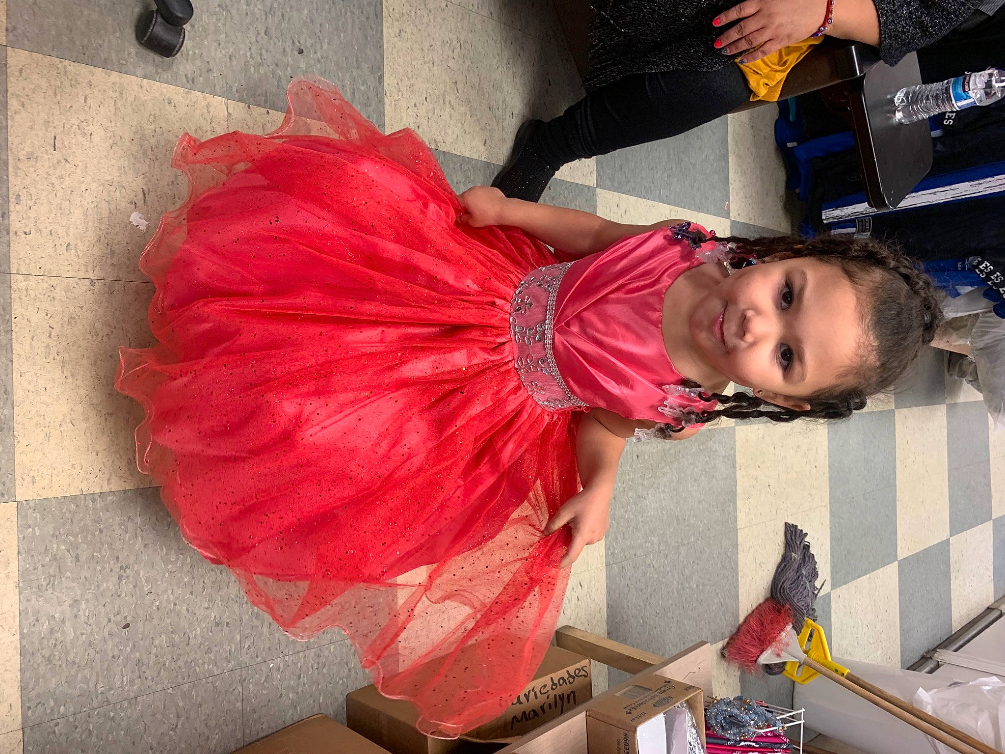 Jayla joined the competition — help win amazing prizes! black_hair, clothing, day_dress, dress, event, facial_expression, fashion_design, formal_wear, fun, gown, hairstyle, headpiece, human_leg, magenta, person, pink, red, skin, thigh, toddler