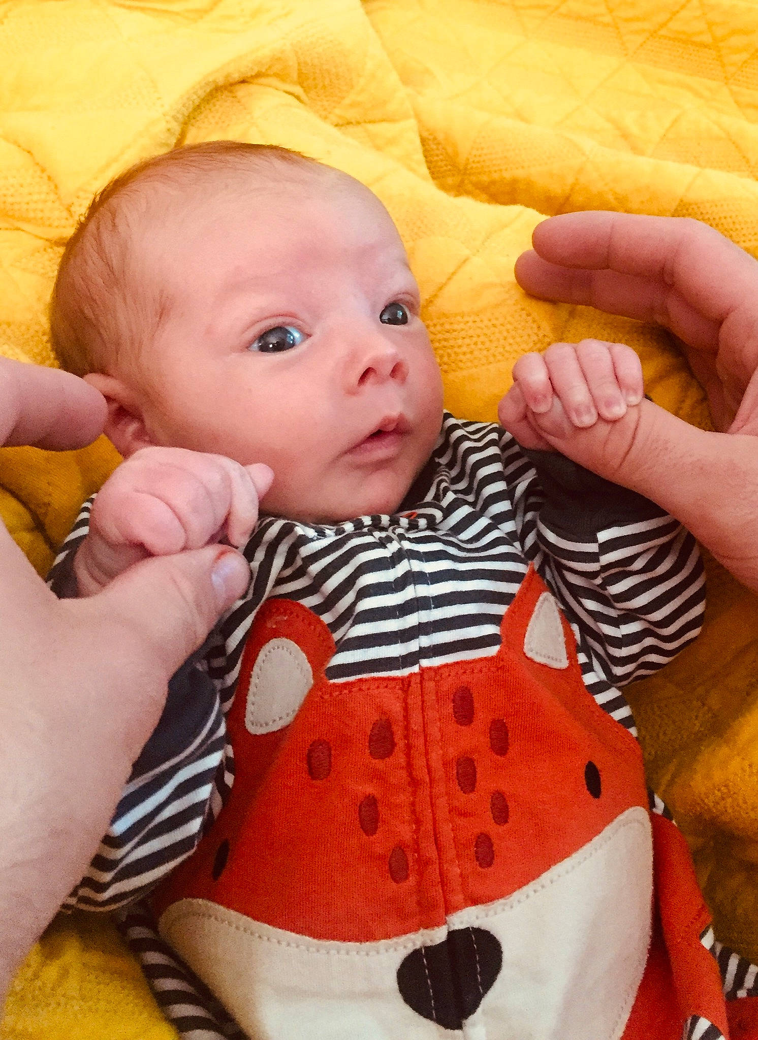 Mason is registered to the contest to win money with this photo: abdomen, baby, baby_products, cheek, child, eye, finger, linens, lip, person, product, skin, textile, thumb, toddler, yellow