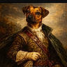 animal_portrait, aristocratic_clothing, artwork, brown_dog, canine, cloudy_sky, coat, costume, cravat, digital_art, dog, dramatic_lighting, historical_style, lace_cuffs, nobleman, painting, portrait, regal, satire, watermark