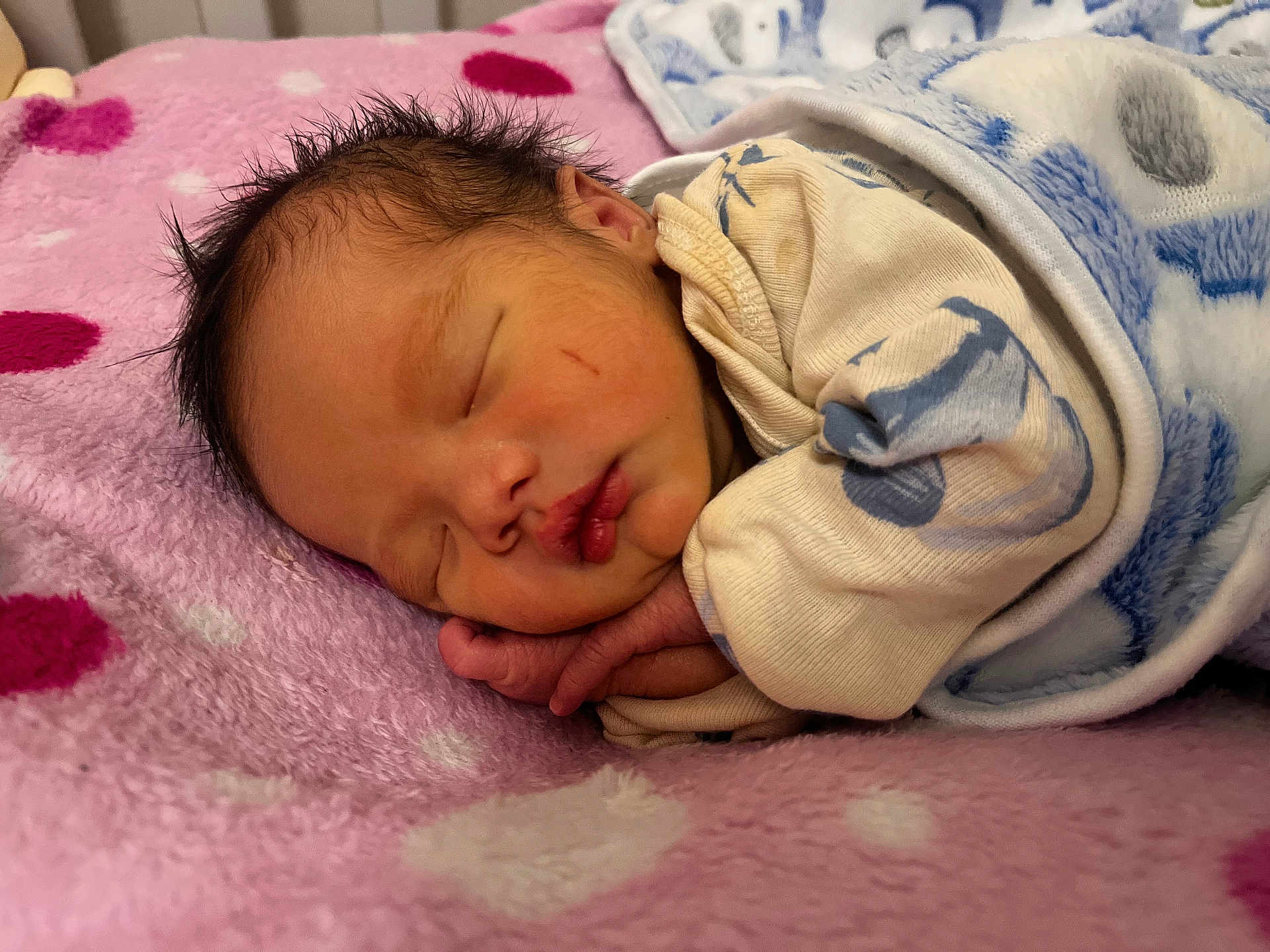Xev Paculanan joined the competition — help win amazing prizes! newborn, baby, sleeping, blanket, pink, blue, polka_dots, cozy, infant, cute, soft, peaceful, wrapped, clothing, portrait, face, hand, resting, indoors, child
