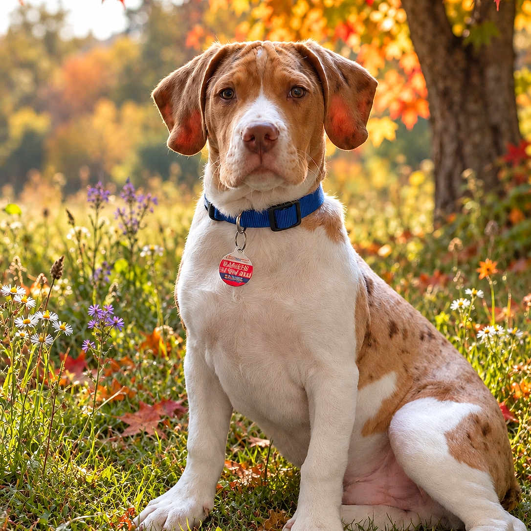 Ana Busi joined the competition — help win amazing prizes! animal, autumn, blue_collar, brown_and_white, dog, fall, floppy_ears, foliage, grass, leaves, meadow, nature, outdoor, pet, portrait, puppy, sitting, sunlight, tag, wildflowers