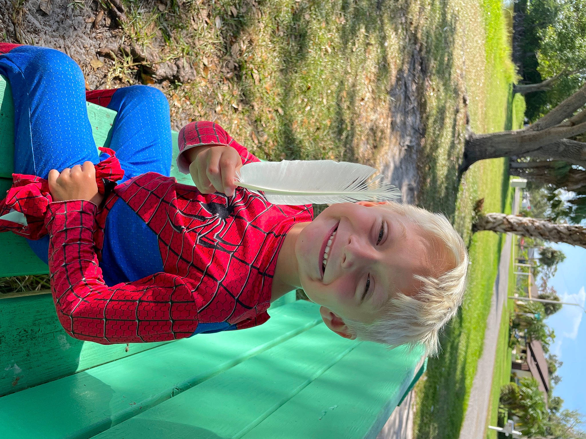 Oliver is registered to the contest to win money with this photo: child, comfort, fun, grass, green, happy, joy, leisure, pattern, people_in_nature, person, plaid, plant, play, recreation, sitting, smile, summer, toddler, tree