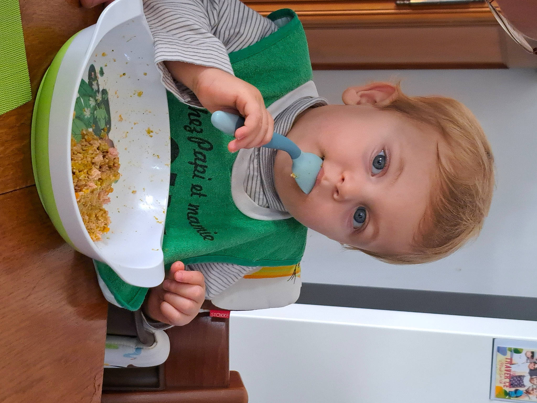 Jean participe au concours pour gagner de l'argent avec cette photo : baby, baby_food, baby_toddler_clothing, chair, child, comfort_food, cuisine, dish, dishware, eating, food, food_craving, fun, green, ingredient, person, plate, recipe, tableware, toddler