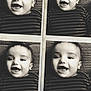 baby, infant, child, smiling, portrait, photo_strip, polaroid, vintage, black_and_white, striped_shirt, happy, teeth, face, close_up, four_panel, collage, lying_down, textured_background, toddler, film_frame