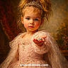 Ashley joined the competition — help win amazing prizes! child, girl, princess, tiara, dress, pink, royal, portrait, hand, egg, jewelry, pearl, lace, face, blue_eyes, curly_hair, elegant, background, studio, costume