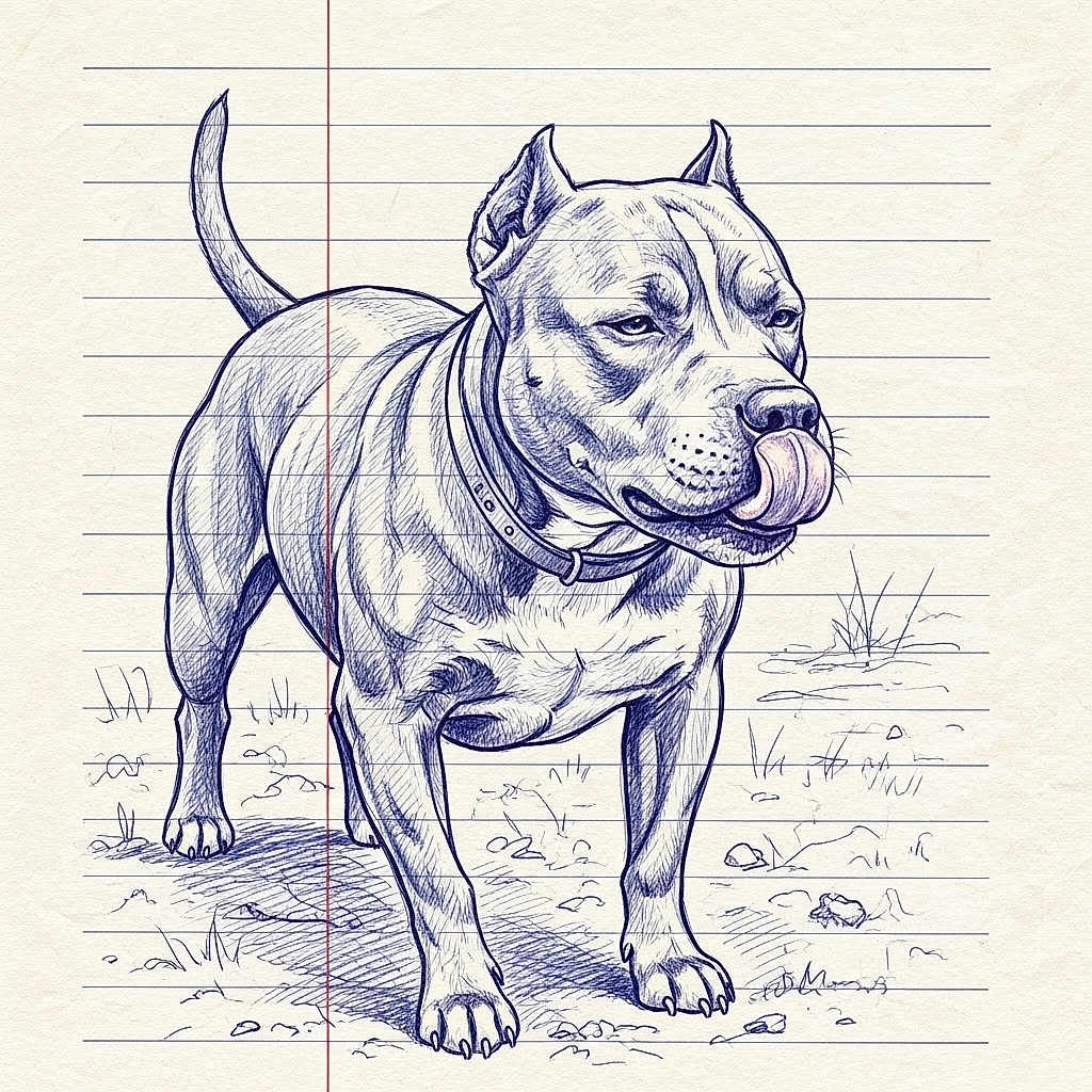 Glemer joined the competition — help win amazing prizes! animal, artwork, collar, crosshatch, detailed, dog, ears, face, four_legs, illustration, licking, lined_paper, muscular, notebook, paper_texture, pen_drawing, sketch, standing, tail, tongue
