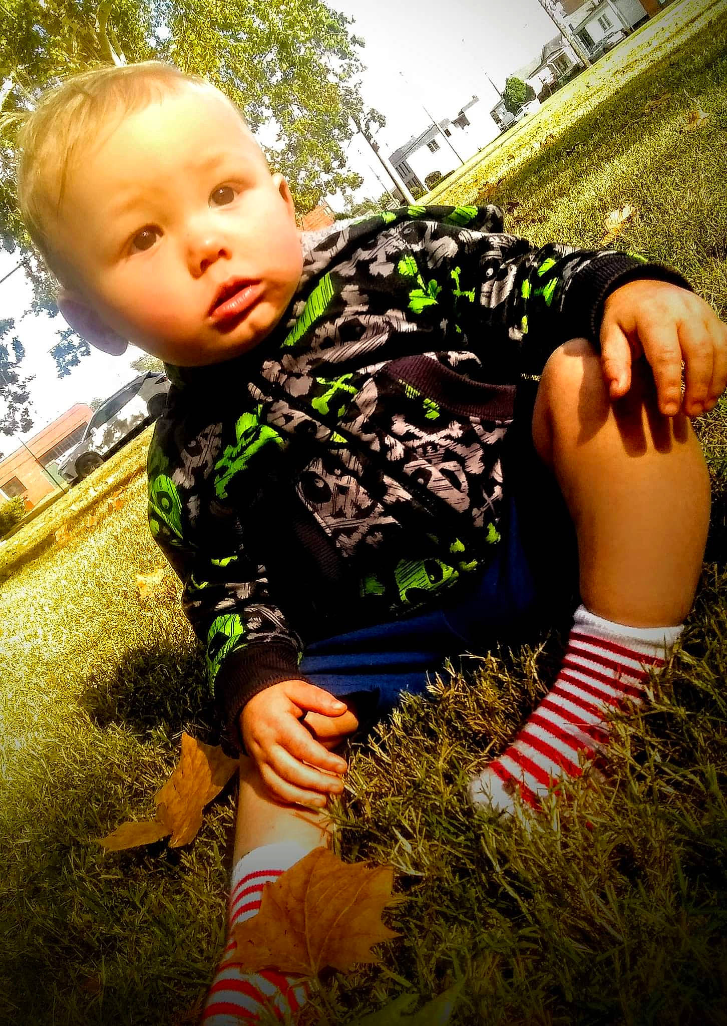 Jaxton joined the competition — help win amazing prizes! cool, fun, gesture, grass, grass_family, green, happy, human_leg, knee, lawn, leisure, people_in_nature, person, plant, sky, sunlight, t_shirt, thigh, toddler, tree