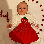 Pamela participe au concours pour gagner de l'argent avec cette photo : baby, child, infant, red_bow, strawberry_design, white_sweater, red_skirt, raspberries, number_four, celebration, smiling, lying_down, cute, portrait, happy, closeup, hands, face, eyes, background