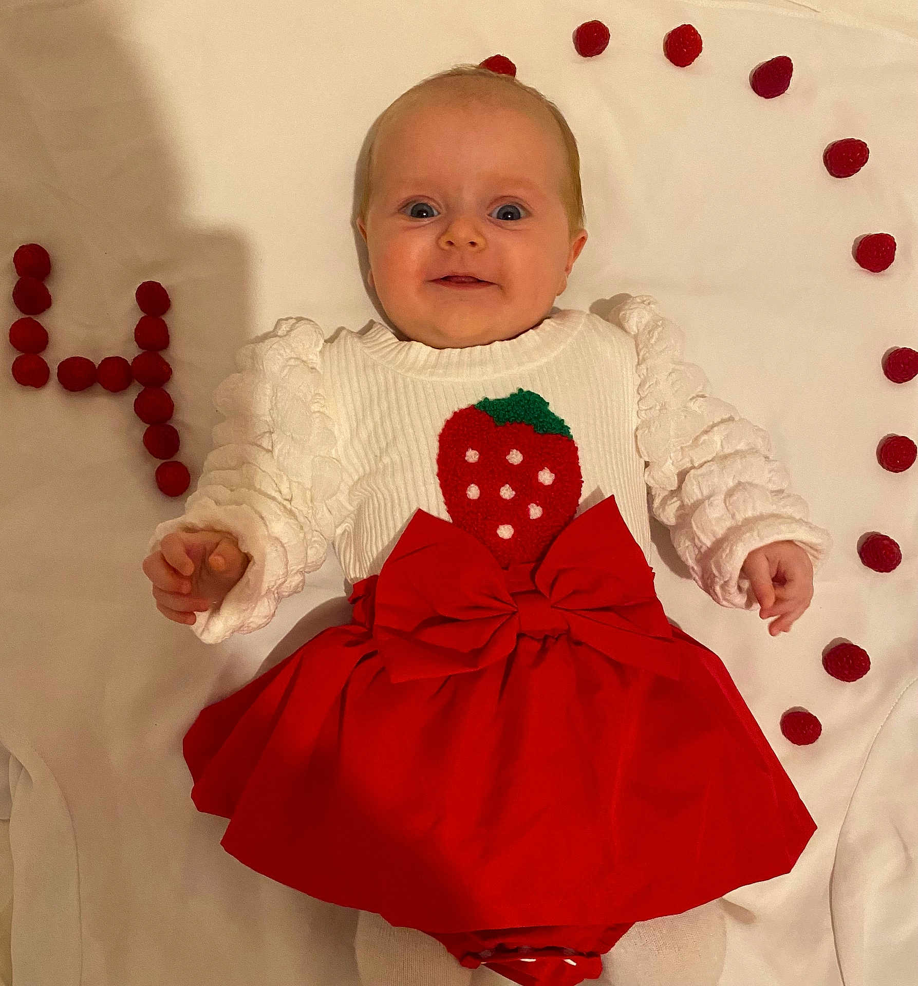 Pamela participe au concours pour gagner de l'argent avec cette photo : baby, child, infant, red_bow, strawberry_design, white_sweater, red_skirt, raspberries, number_four, celebration, smiling, lying_down, cute, portrait, happy, closeup, hands, face, eyes, background