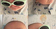 Eden a rejoint le concours — aidez-le/la à gagner de superbes lots ! baby, infant, sunglasses, green_sunglasses, cute, collage, four_photos, patterned_blanket, baby_clothing, car_print, lying_down, face, portrait, child, adorable, playful, expression, closeup, head, indoor