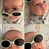 baby, infant, sunglasses, green_sunglasses, cute, collage, four_photos, patterned_blanket, baby_clothing, car_print, lying_down, face, portrait, child, adorable, playful, expression, closeup, head, indoor