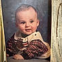 baby, child, portrait, plaid, clothing, sweater, face, eyes, hands, indoor, photograph, wood, frame, cute, smile, young, background, texture, expression, infant
