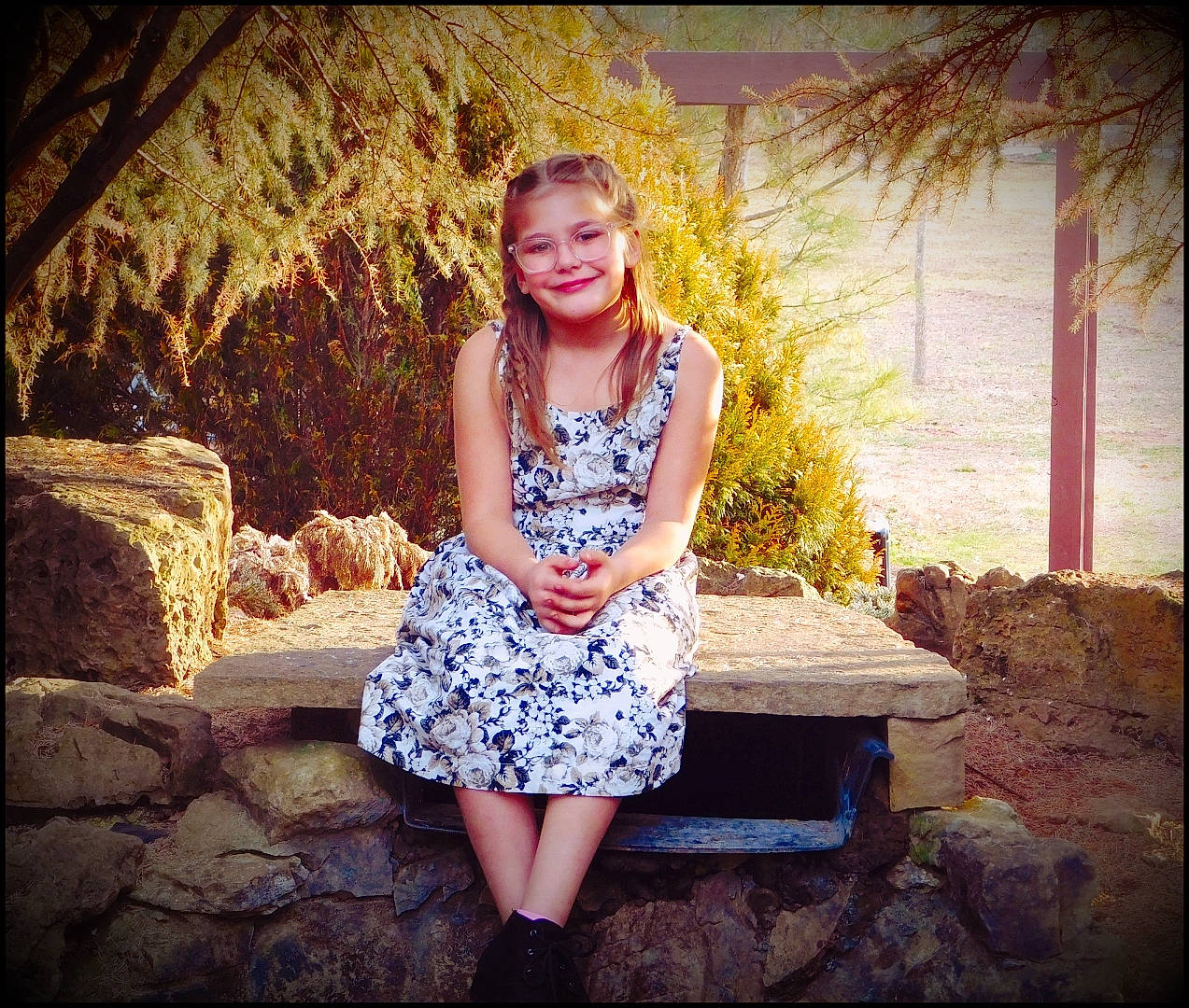 Lynnzie is registered to the contest to win money with this photo: brown_hair, day_dress, dress, electric_blue, fawn, flash_photography, forest, grass, happy, human_leg, joy, magenta, pattern, people_in_nature, person, plant, sitting, smile, sunlight, tints_and_shades