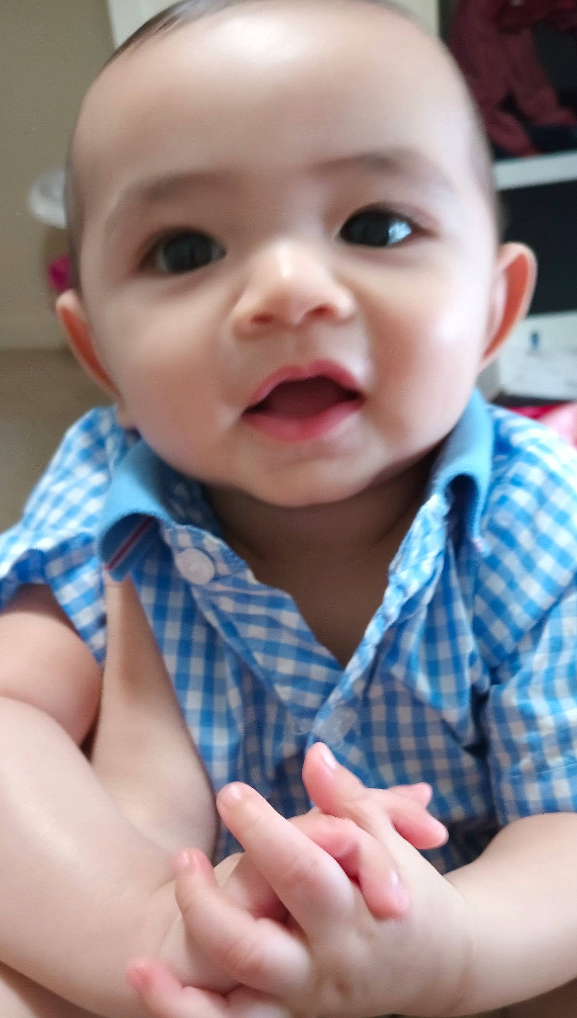 Alijah joined the competition — help win amazing prizes! baby, baby_toddler_clothing, cheek, child, chin, collar, finger, gesture, happy, human, iris, lip, mouth, nose, pattern, person, plaid, skin, sleeve, tartan