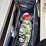 baby, infant, camo_onesie, baseball_cap, carrier, bleachers, bench, plastic_cup, hand, outdoor, person, clothing, footwear, fabric, seat, sports, baby_gear, relaxing, casual, cute